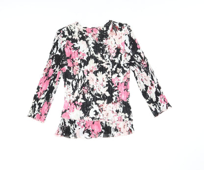Country Casuals Womens Black Floral Polyester Basic T-Shirt Size M V-Neck - Pleated