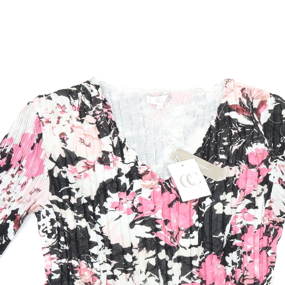 CC Womens Black Floral Polyester Basic T-Shirt Size M V-Neck - Pleated