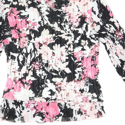 Country Casuals Womens Black Floral Polyester Basic T-Shirt Size M V-Neck - Pleated