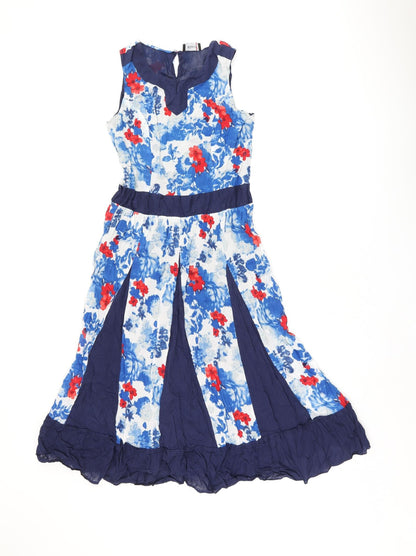 Klass Womens Blue Floral Polyester A-Line Size 10 Round Neck Button