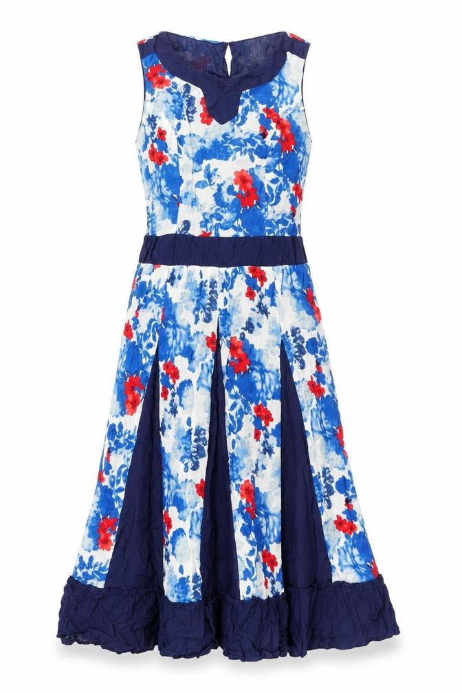 Klass Womens Blue Floral Polyester A-Line Size 10 Round Neck Button