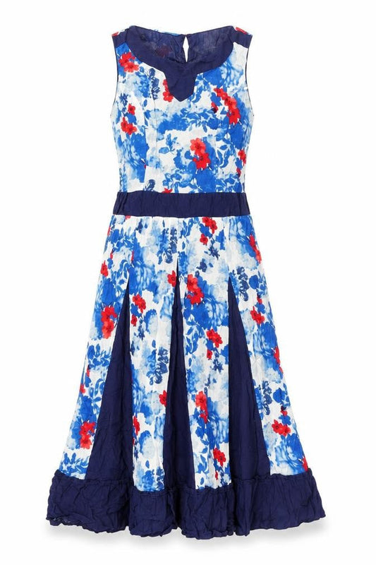 Klass Womens Blue Floral Polyester A-Line Size 10 Round Neck Button