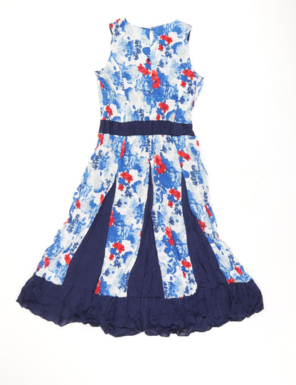 Klass Womens Blue Floral Polyester A-Line Size 10 Round Neck Button