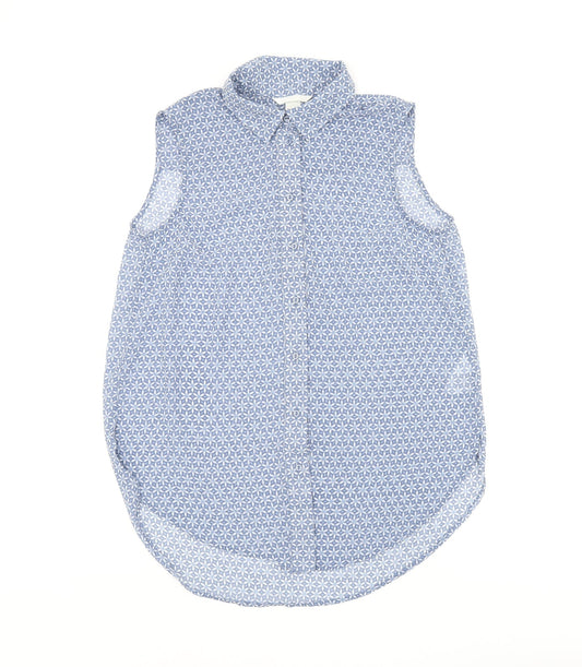 H&M Womens Blue Geometric Polyester Basic Tank Size 6 Collared - Sheer