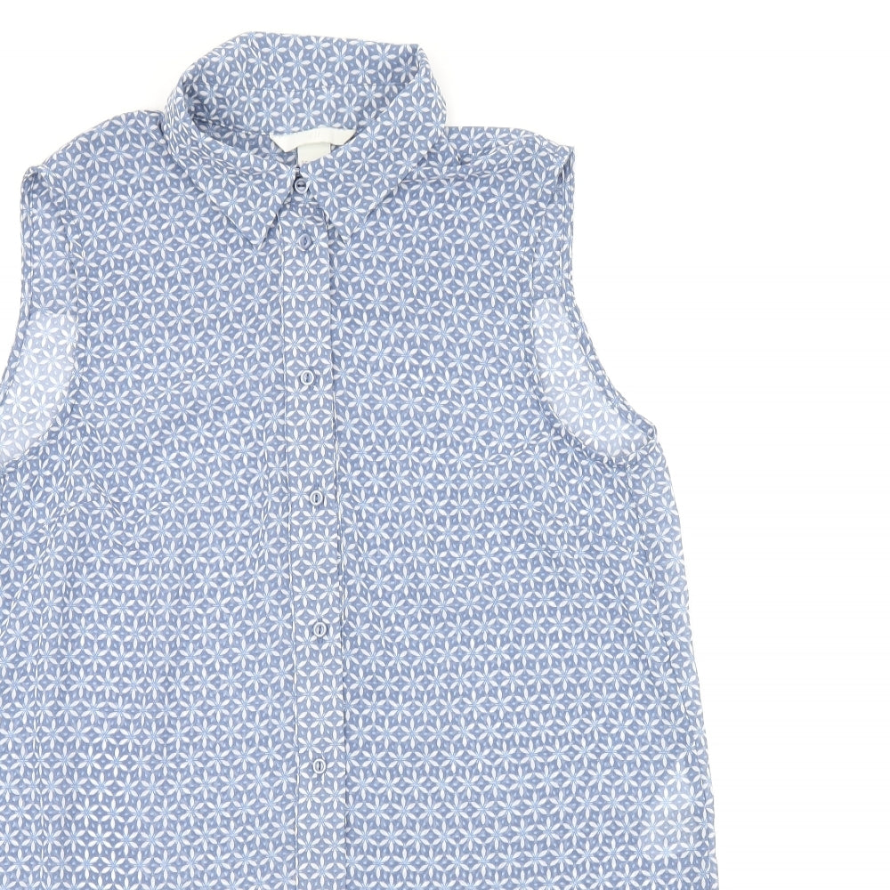 H&M Womens Blue Geometric Polyester Basic Tank Size 6 Collared - Sheer