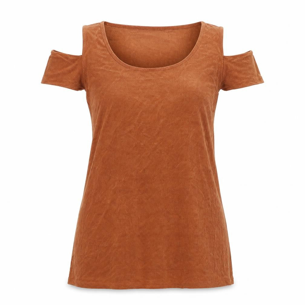 Kim&Co Womens Brown Acetate Basic T-Shirt Size L Round Neck - Cold Shoulder