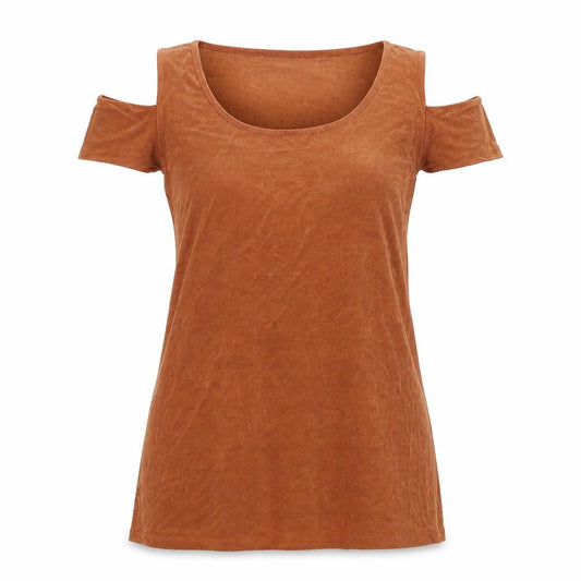 Kim&Co Womens Brown Acetate Basic T-Shirt Size L Round Neck - Cold Shoulder