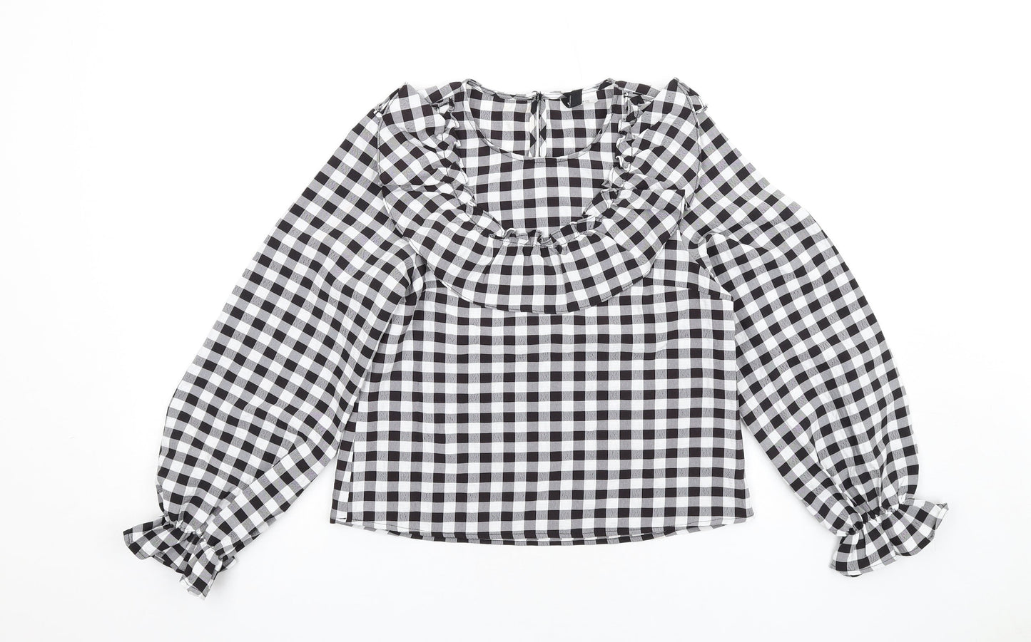 H&M Womens Black Check Polyester Basic Blouse Size 2XS Round Neck - Ruffle