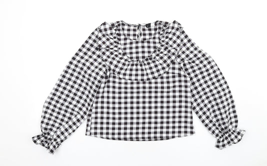 H&M Womens Black Check Polyester Basic Blouse Size 2XS Round Neck - Ruffle