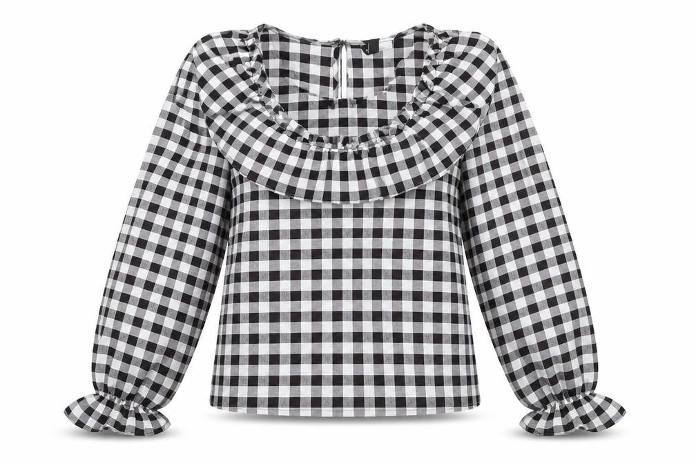 H&M Womens Black Check Polyester Basic Blouse Size 2XS Round Neck - Ruffle