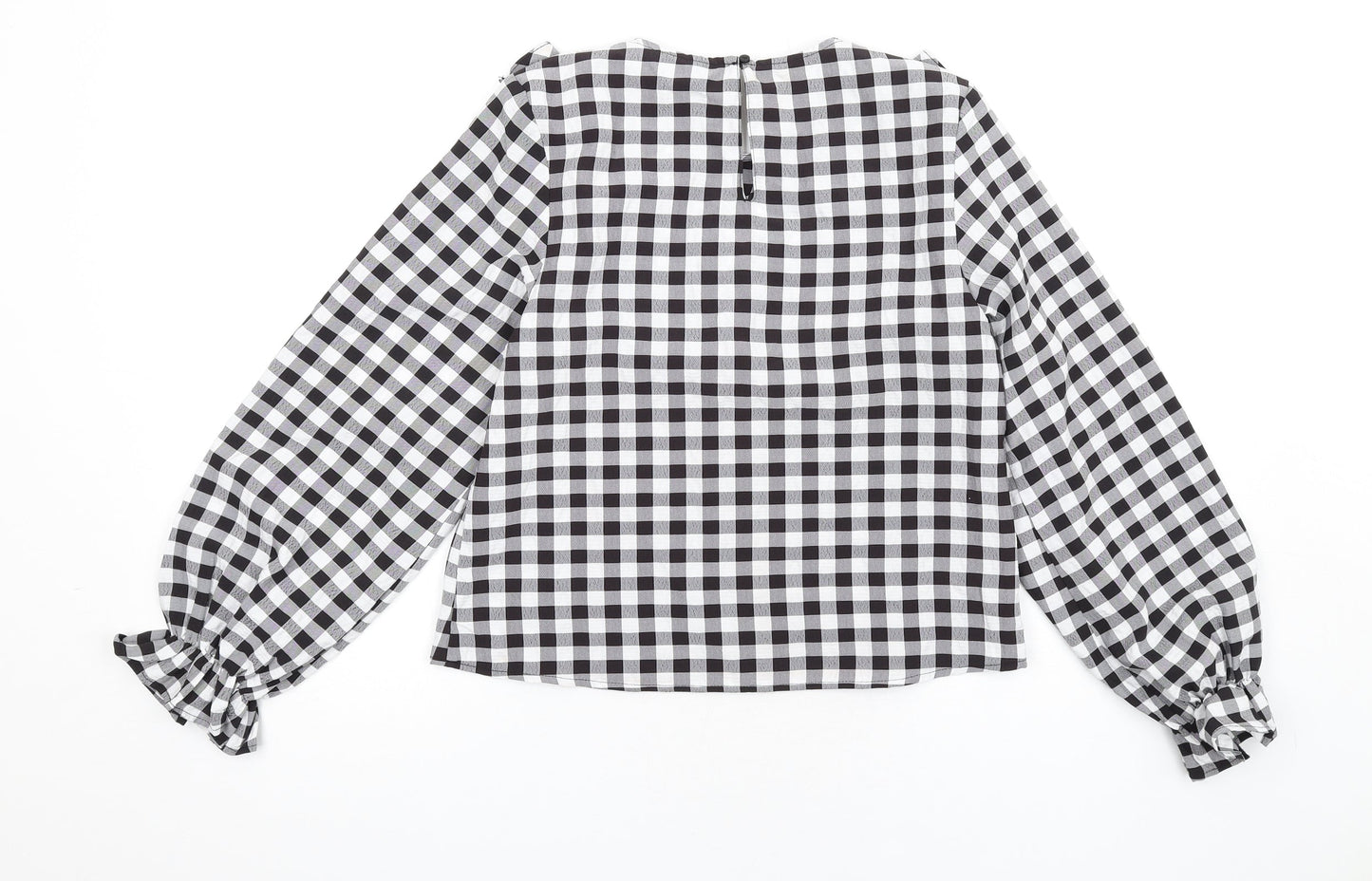 H&M Womens Black Check Polyester Basic Blouse Size 2XS Round Neck - Ruffle