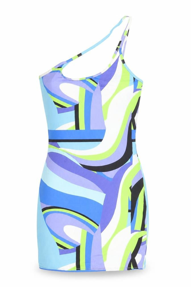 PRETTYLITTLETHING Womens Multicoloured Geometric Polyester Bodycon Size 8 One Shoulder Pullover