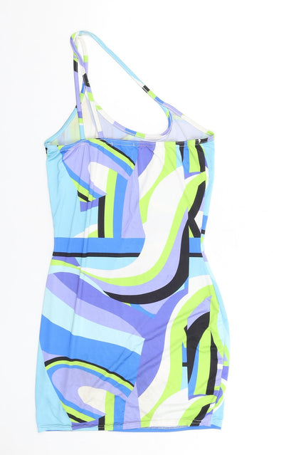 PRETTYLITTLETHING Womens Multicoloured Geometric Polyester Bodycon Size 8 One Shoulder Pullover