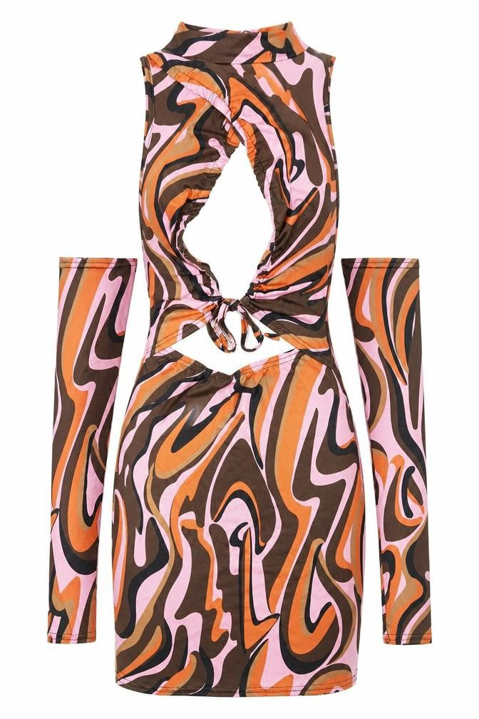 PRETTYLITTLETHING Womens Multicoloured Geometric Polyester Bodycon Size 10 Mock Neck Pullover - Cold Shoulder Cut Out