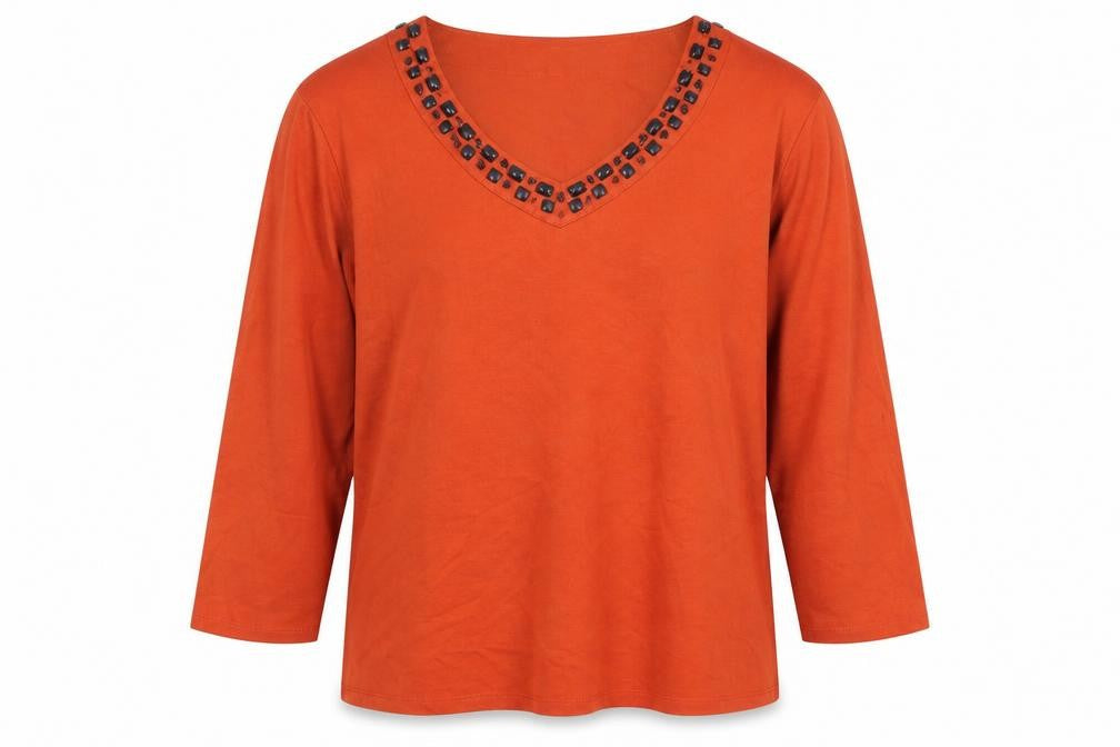 Country Casuals Womens Orange Viscose Basic T-Shirt Size XL V-Neck - Beaded Neckline