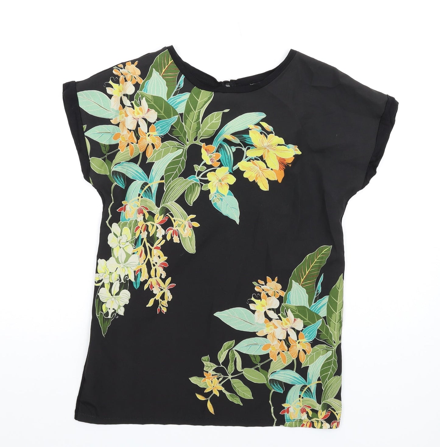 Warehouse Womens Black Floral Polyester Basic T-Shirt Size 6 Round Neck