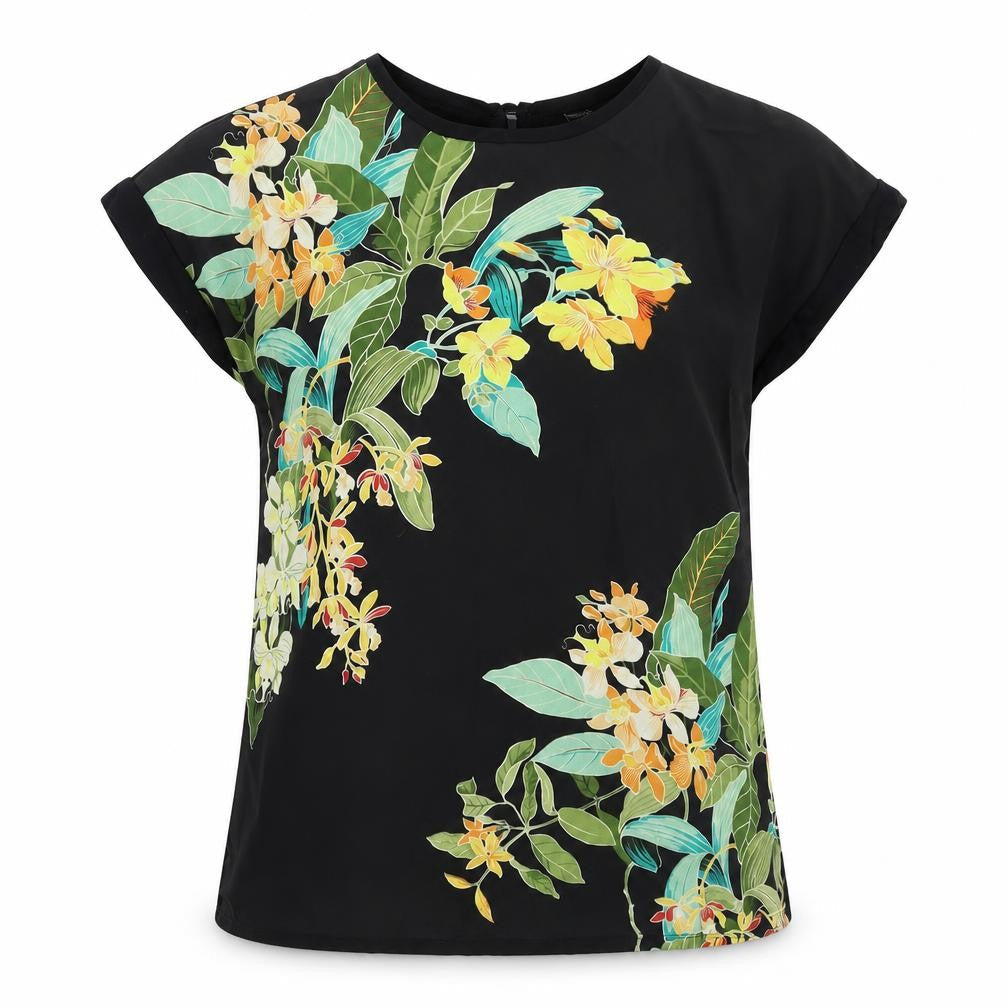 Warehouse Womens Black Floral Polyester Basic T-Shirt Size 6 Round Neck