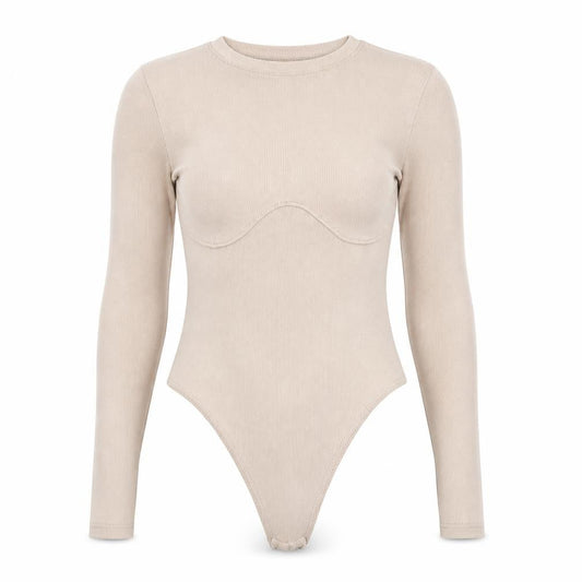 Front view of Missguided women’s beige polyester bodysuit one-piece, size UK 6, snap