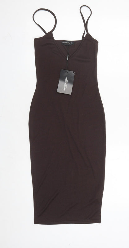 PRETTYLITTLETHING Womens Brown Polyester Bodycon Size 4 V-Neck Pullover