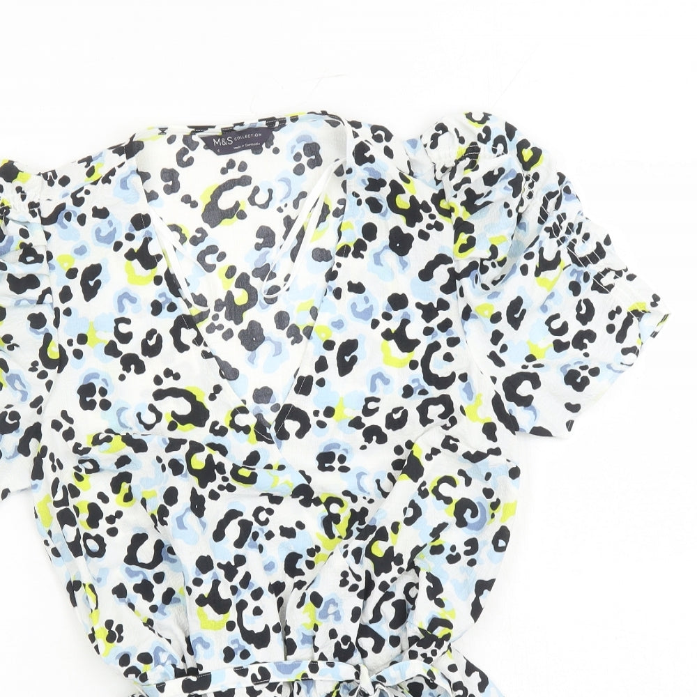 Marks and Spencer Womens Multicoloured Animal Print Polyester Basic Blouse Size 6 V-Neck - Leopard Pattern Belted