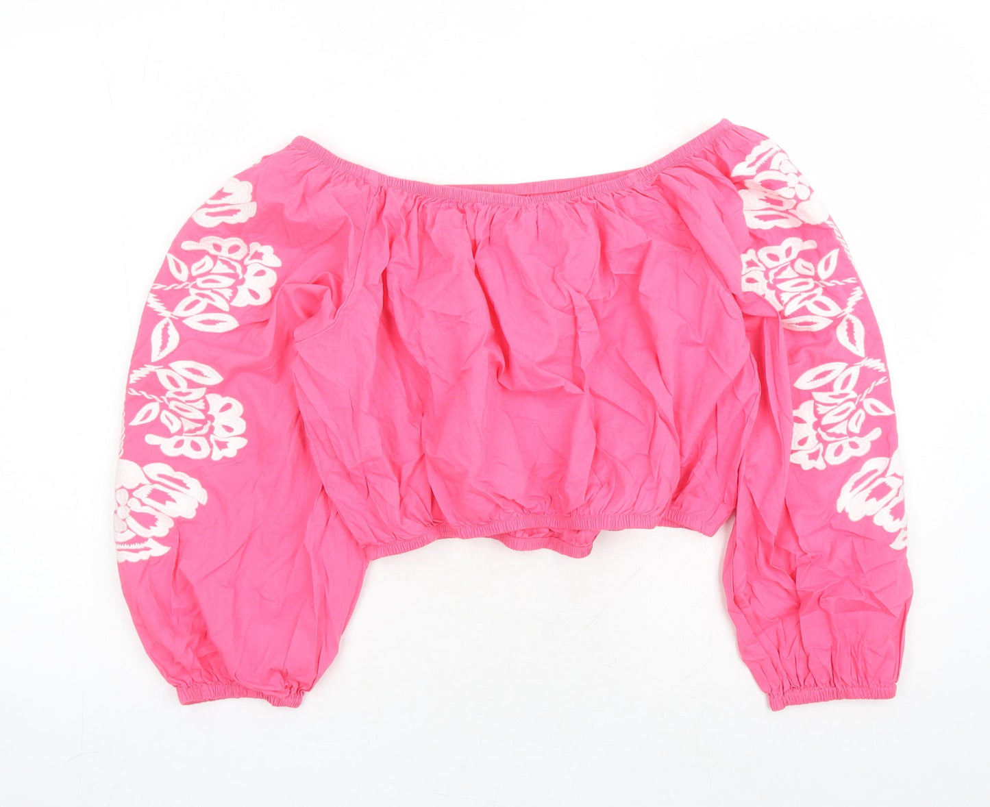 Marks and Spencer Womens Pink Cotton Cropped Blouse Size 18 Off the Shoulder - Embroidered Detail