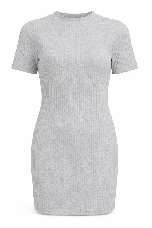 Front view of Missguided women’s grey viscose bodycon, size UK 14, mock neck pullover - open back detail