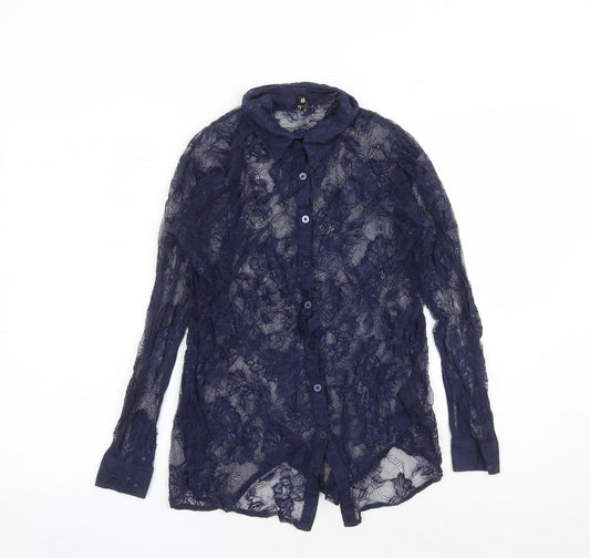 Divided by H&M Womens Blue Geometric Viscose Basic Button-Up Size 10 Collared