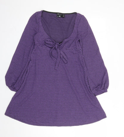 Additional front view of ASOS women’s purple houndstooth polyester fit & flare, size UK 4, scoop neck pullover