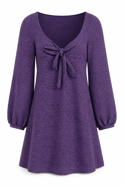 Front view of ASOS women’s purple houndstooth polyester fit & flare, size UK 4, scoop neck pullover