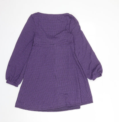 Back view of ASOS women’s purple houndstooth polyester fit & flare, size UK 4, scoop neck pullover