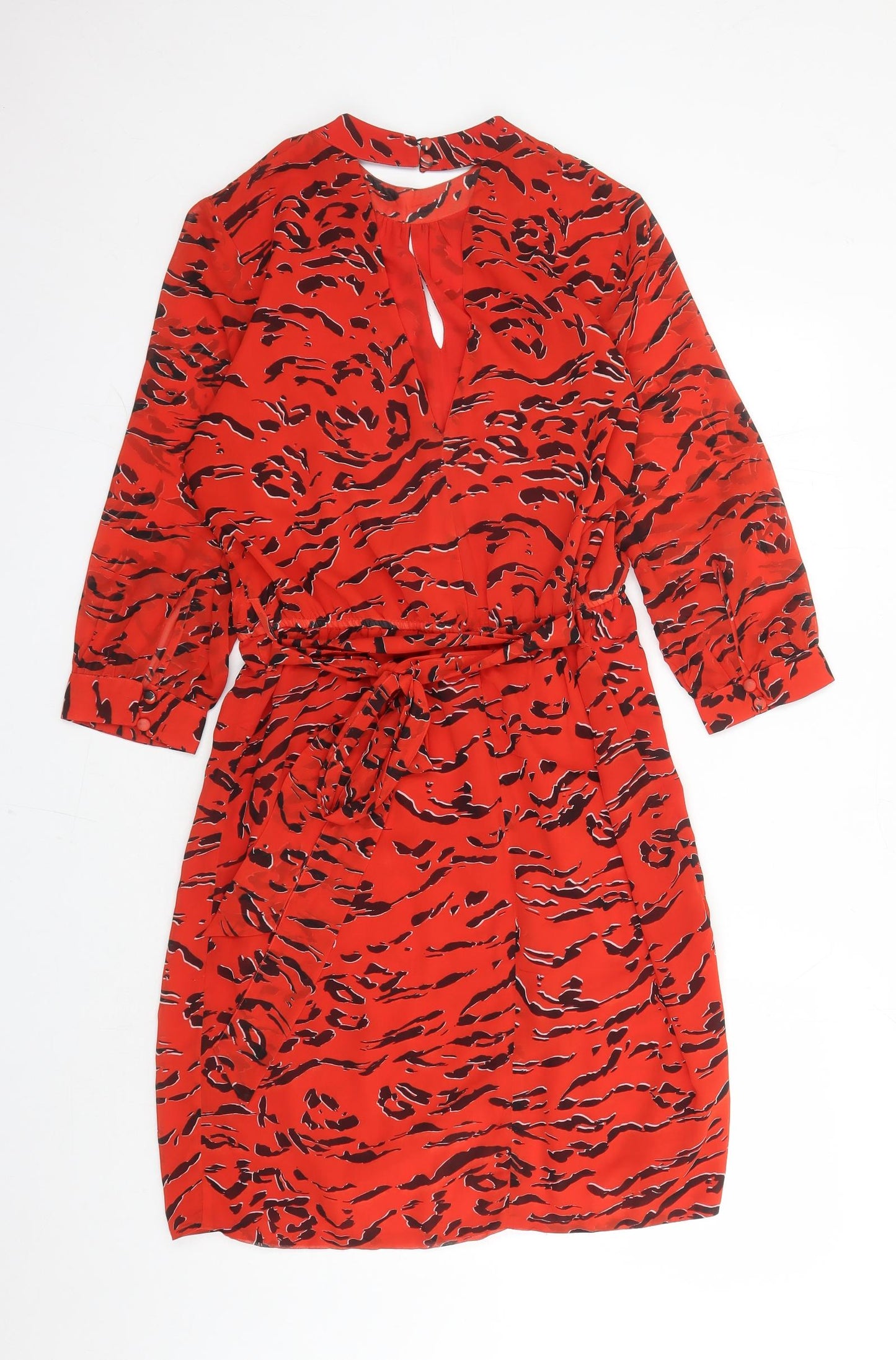 Sosandar Womens Red Animal Print Polyester A-Line Size 12 Round Neck Button