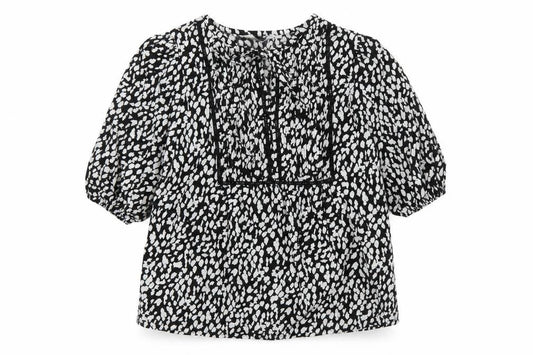 Marks and Spencer Womens Black Geometric Linen Basic Blouse Size 6 Round Neck - Keyhole Neckline