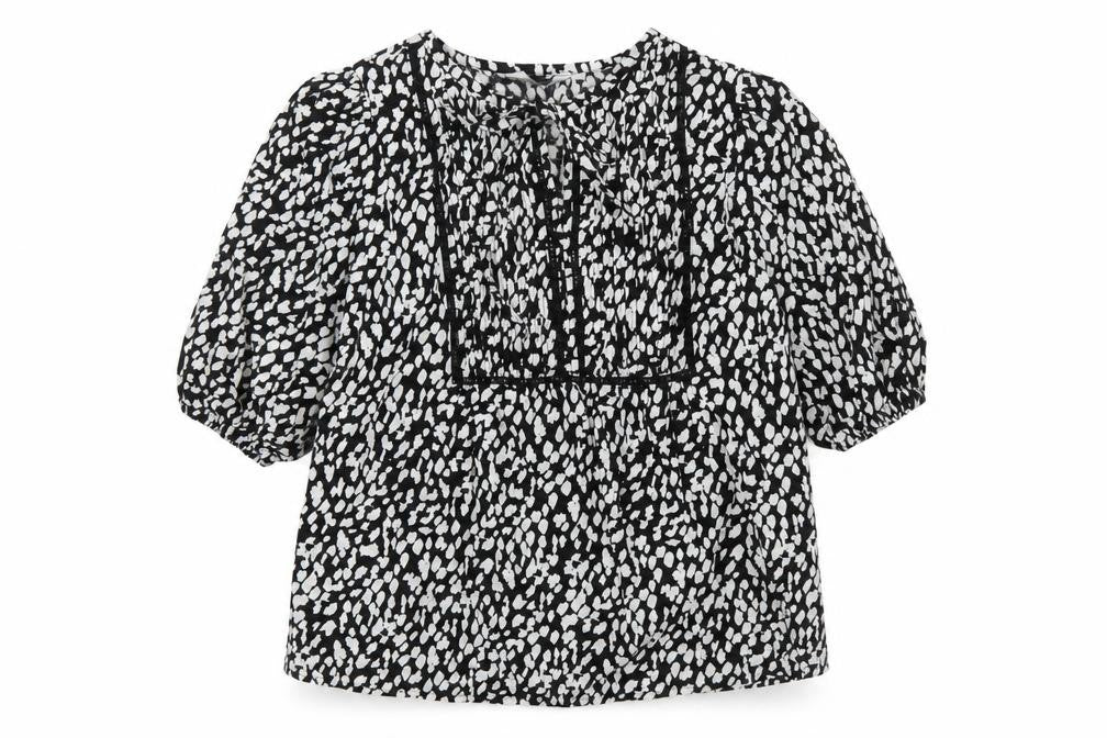 Marks & Spencer Womens Black Geometric Linen Basic Blouse Size 6 Round Neck - Keyhole Neckline