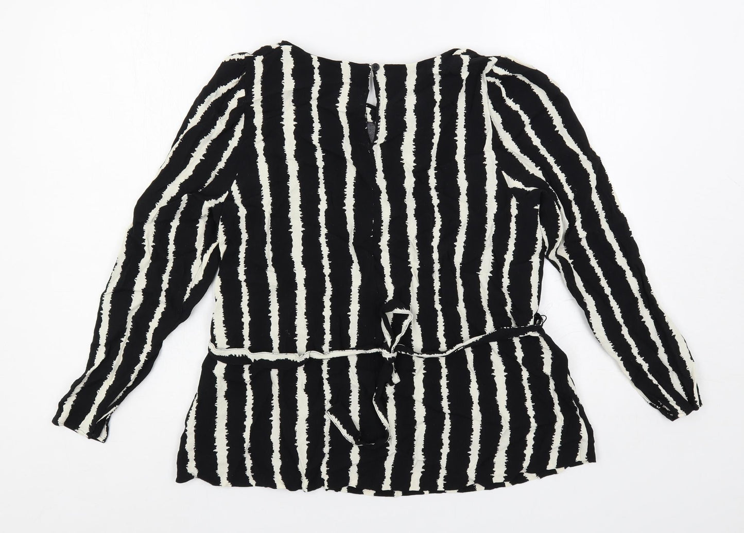 Marks and Spencer Womens Black Striped Viscose Basic Blouse Size 14 Round Neck - Belted
