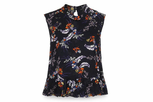 Marks and Spencer Womens Blue Floral Viscose Camisole Blouse Size 8 Mock Neck - Frill