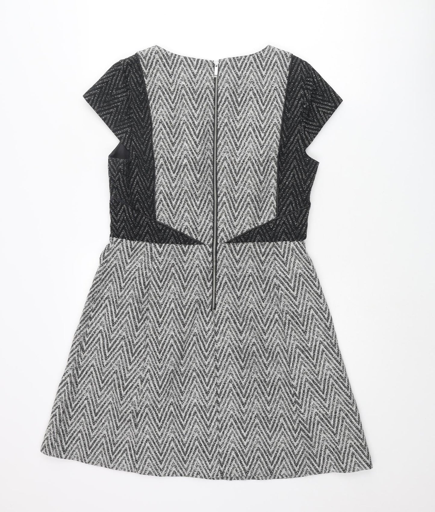 Oasis Womens Grey Geometric Cotton A-Line Size 12 Round Neck Zip