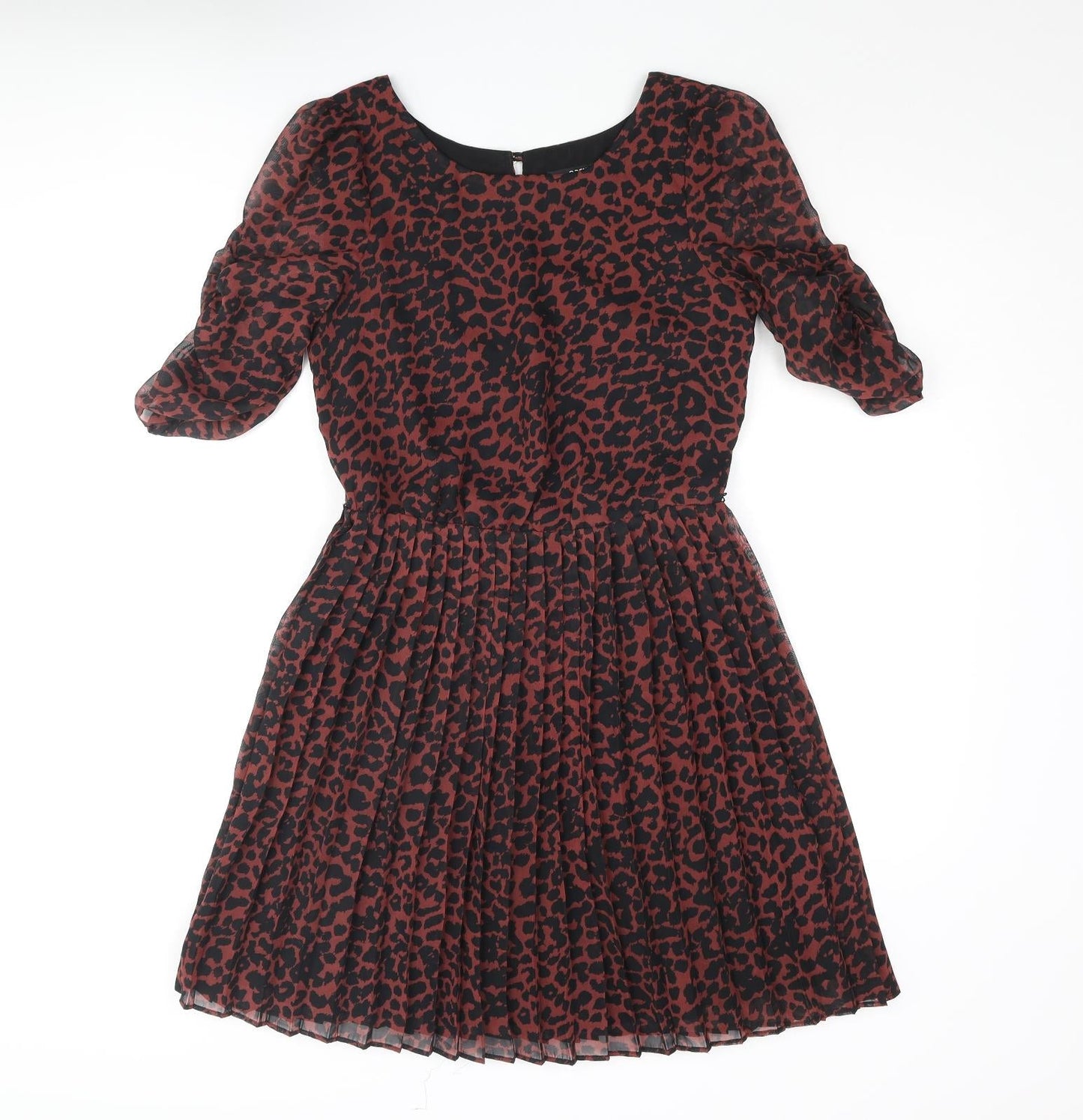 Oasis Womens Red Striped Polyester Fit & Flare Size 8 Round Neck Button - Leopard Print