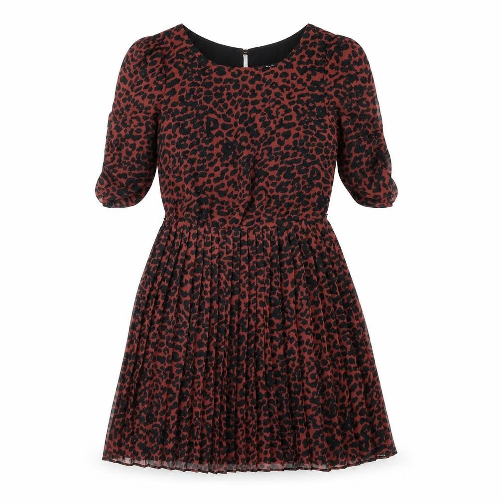Oasis Womens Red Striped Polyester Fit & Flare Size 8 Round Neck Button - Leopard Print