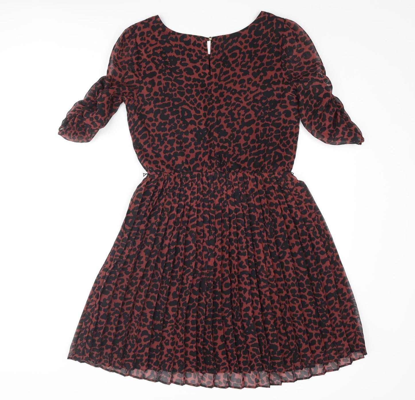 Oasis Womens Red Striped Polyester Fit & Flare Size 8 Round Neck Button - Leopard Print