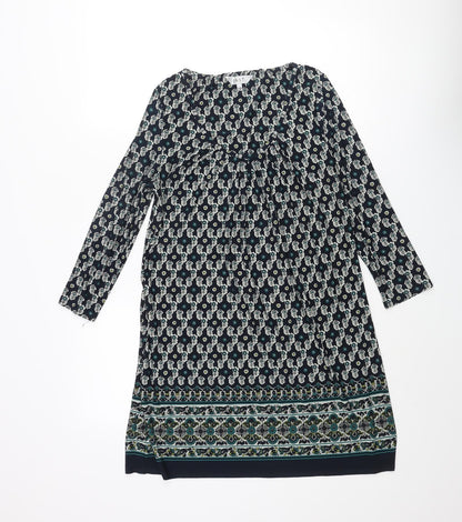 East Womens Blue Geometric Polyester Mini Size 12 Scoop Neck Pullover