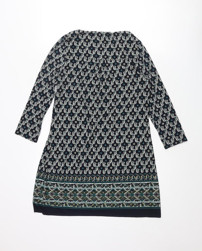 East Womens Blue Geometric Polyester Mini Size 12 Scoop Neck Pullover
