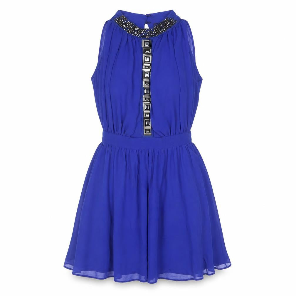 River Island Womens Blue Polyester Shift Size 10 Mock Neck Zip - Rhinestone Detail