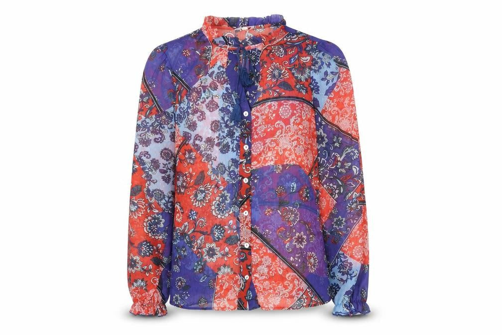 Falmer Heritage Womens Blue Geometric Polyester Basic Blouse Size 10 Mock Neck - Bow