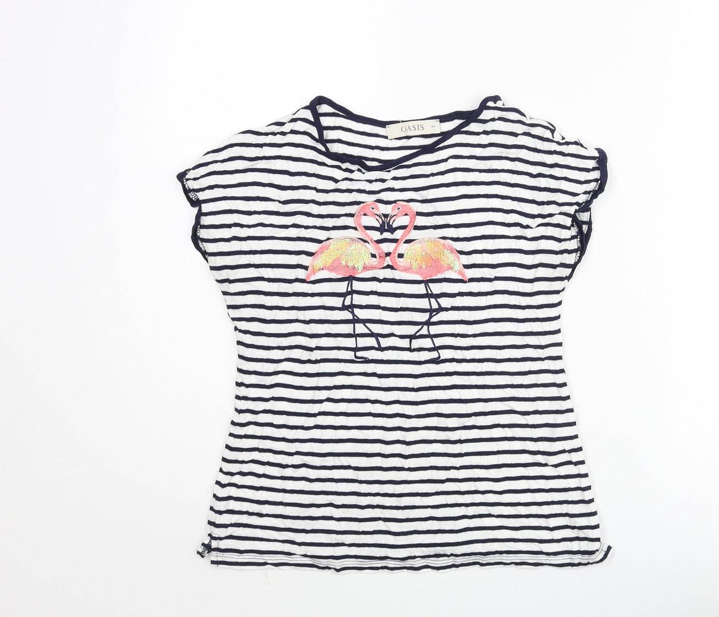 Oasis Womens Blue Striped Viscose Basic T-Shirt Size XS Round Neck - Embroidered Flamingos