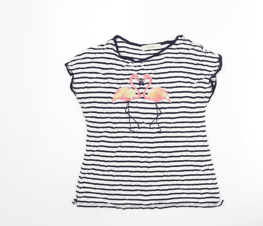 Oasis Womens Blue Striped Viscose Basic T-Shirt Size XS Round Neck - Embroidered Flamingos
