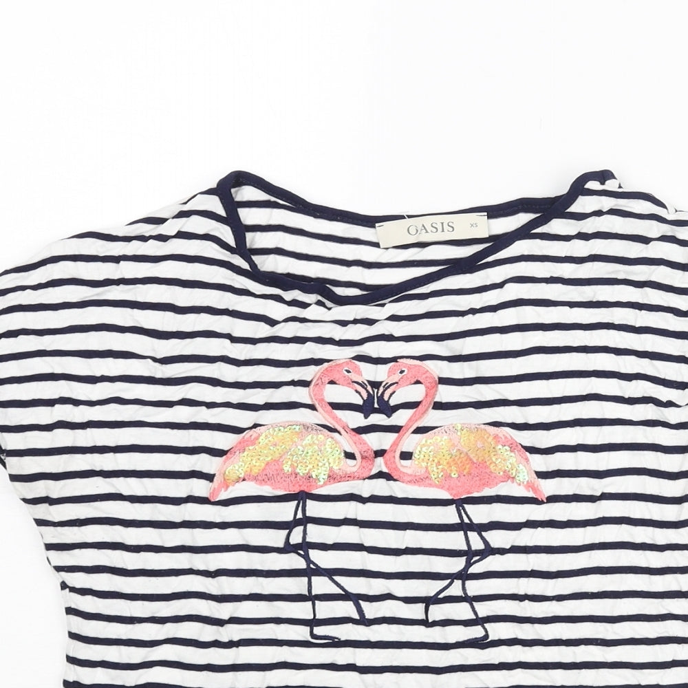 Oasis Womens Blue Striped Viscose Basic T-Shirt Size XS Round Neck - Embroidered Flamingos