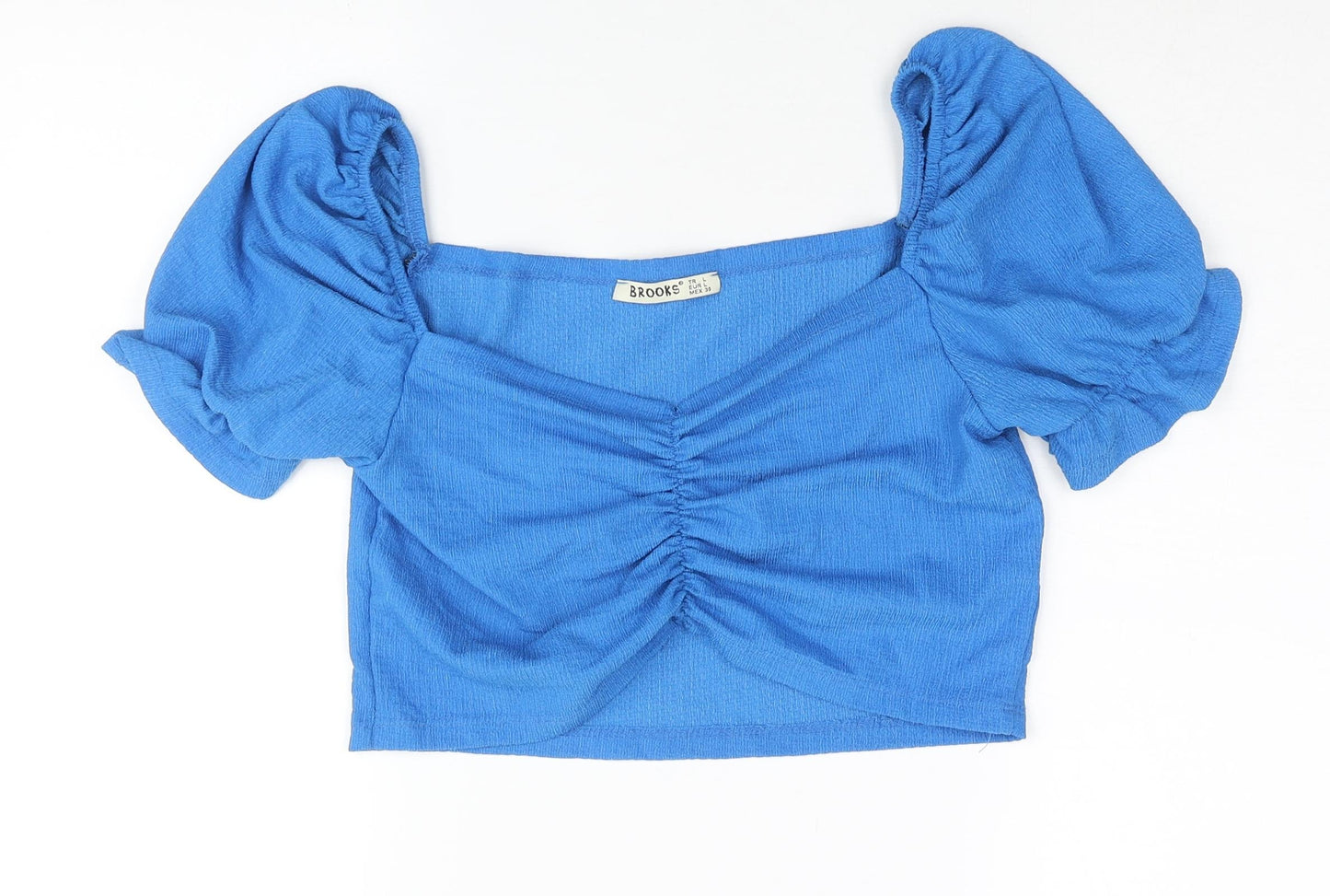 Brooks Womens Blue Polyester Cropped Blouse Size L Square Neck - Rouched