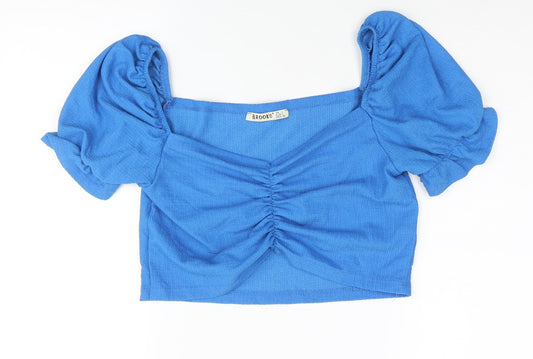 Brooks Womens Blue Polyester Cropped Blouse Size L Square Neck - Rouched