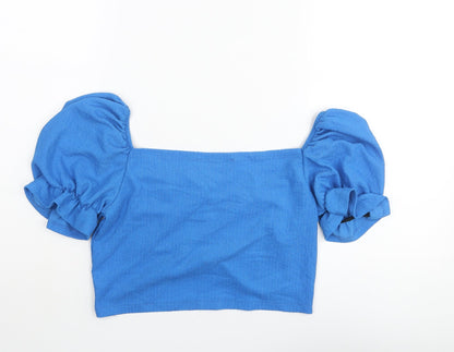 Brooks Womens Blue Polyester Cropped Blouse Size L Square Neck - Rouched