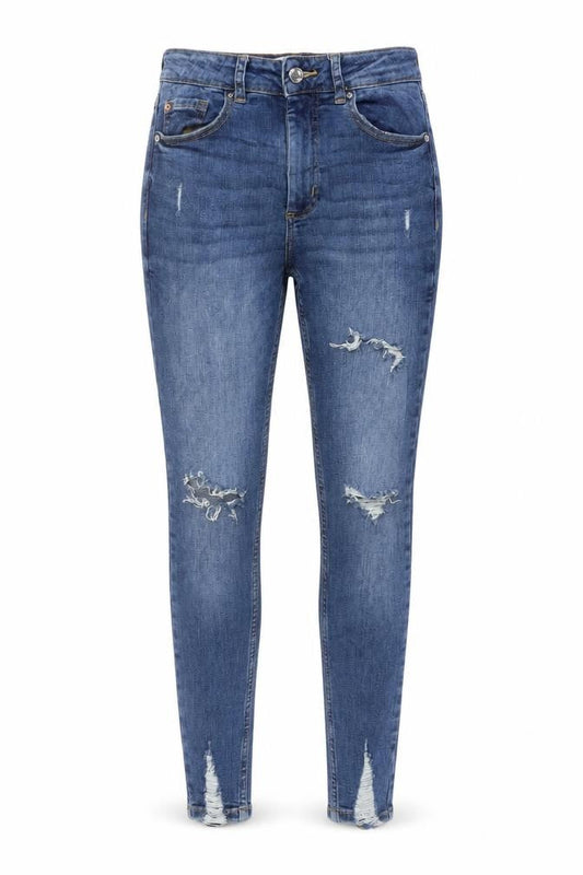 Front view of Denim & Co. women’s blue cotton skinny jeans, size UK 8, 26-inch leg regular button